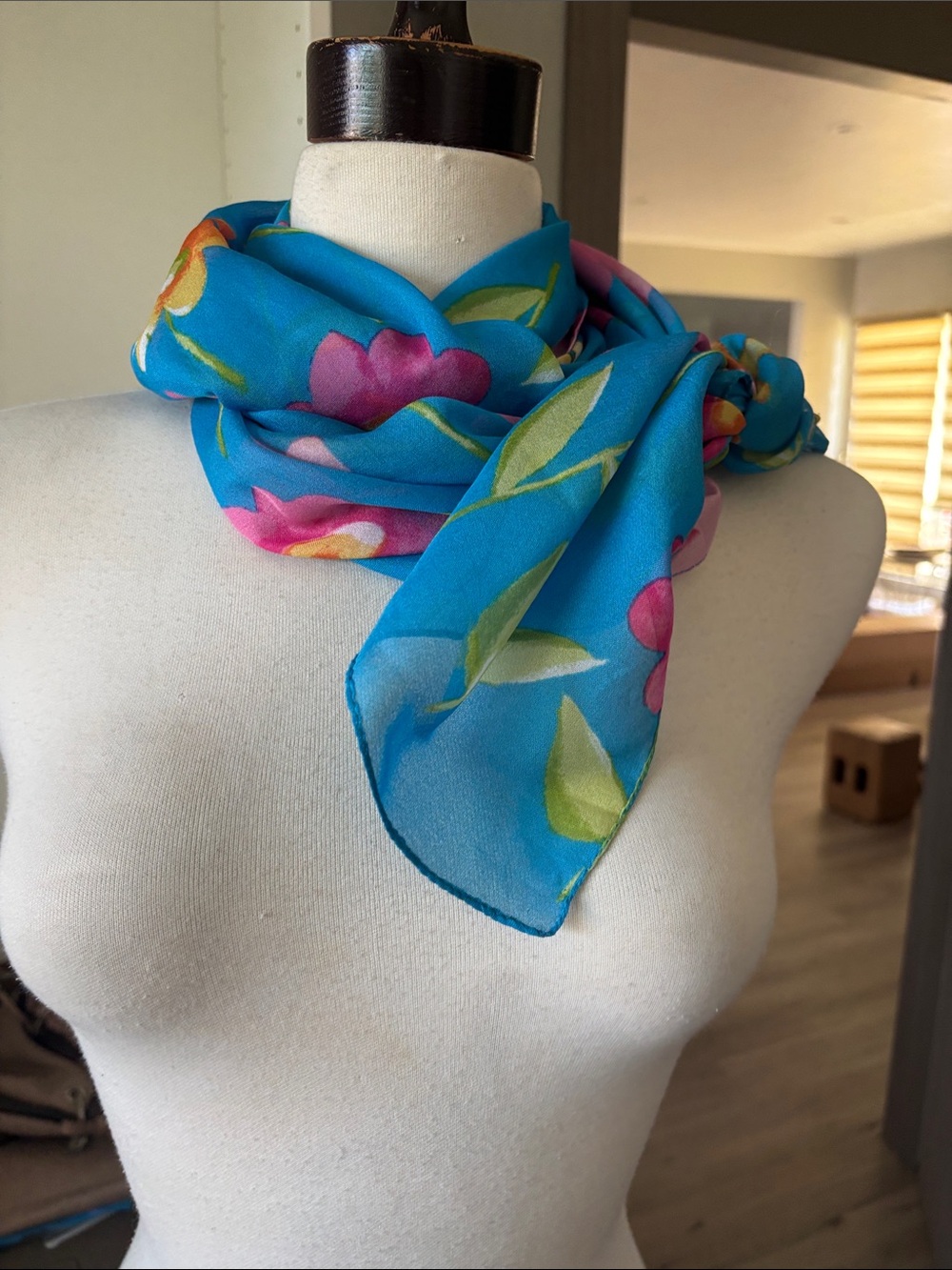 Vibrant Blue Floral Silk-Feel Women's Scarf